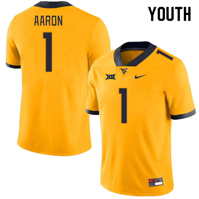 Youth #1 Jeremiah Aaron West Virginia Mountaineers College Football Jerseys Stitched Sale-Gold - Click Image to Close